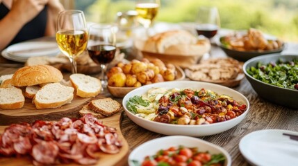 Bountiful Campsite Feast Shared by a Warm Family Gathering   A group of people enjoying a hearty and homemade outdoor meal together in a relaxed natural setting