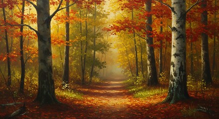 Obraz premium Autumn Forest Path: Serene Landscape with Colorful Foliage