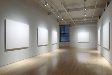 Obraz premium Modern art gallery interior with blank white canvases on display walls