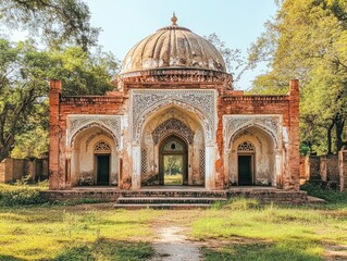 Old, terracotta-colored building with a dome, arches, and a courtyard