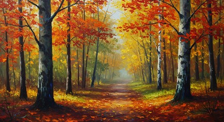 Fototapeta premium Autumnal Forest Path - Oil Painting Style