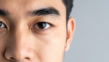 Human, eye and closeup portrait of man with mockup, background for advertising space or banner of Asian person Serious face and vision or focus for wellness, health and thinking of future in care 