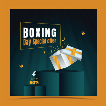  Boxing day sale social media post design with opened gift box. free stock illustration for greeting card, ad, promotion, poster, flier, blog, article, social media, marketing