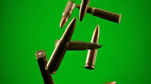 Bullets Falling on Green Screen Background Dynamic Action Shot.