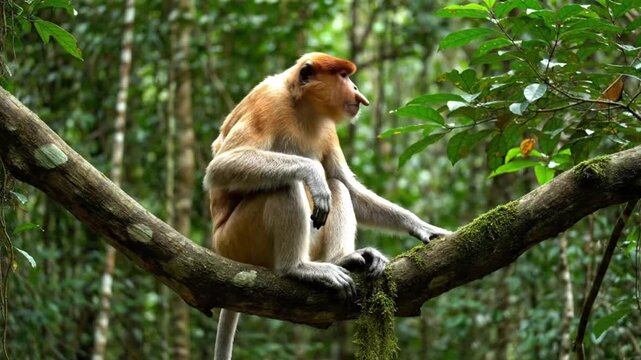 proboscis monkey sitting on tree branch in tropical jungle