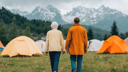 Peaceful Morning Exploring the Scenic Mountain Campsite Surrounded by Nature s Grandeur   Idyllic Outdoor Adventure with Serene Landscapes Rugged Peaks and Tranquil Tents Under the Open Sky
