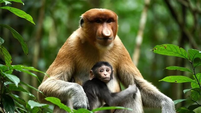 proboscis monkey mother and baby in rainforest