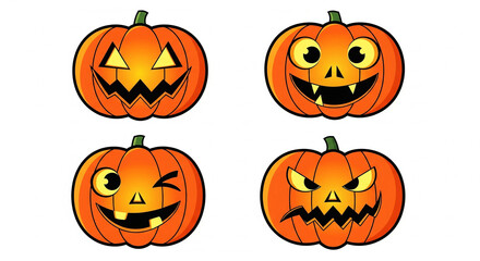 Four Halloween Pumpkins with Spooky Faces and Expressions on White Background