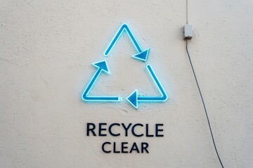 Blue glowing recycle symbol on a wall with words
