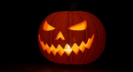 Naklejka premium Spooky carved pumpkin with glowing candle inside creates eerie Halloween night atmosphere perfect for celebrations and decorations