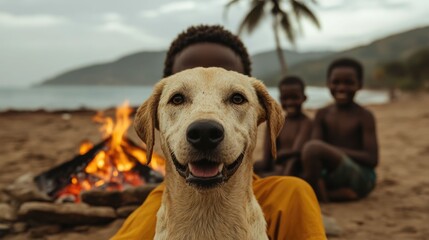 Group of African children happily playing with a friendly dog near a cozy campfire on a tropical beach  The scene captures a joyful carefree moment of outdoor adventure and cultural diversity