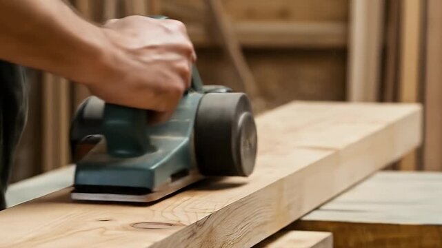Carpenter smoothing wood plank with electric sander in workshop.