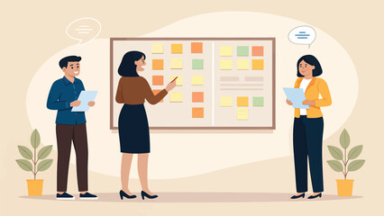 Business team planning project with sticky notes on board
