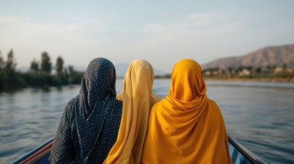 Group of Muslim women wearing traditional hijabs and veils taking a scenic sunset boat ride on a calm river near their outdoor campsite in a mountainous landscape