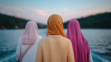 Fototapeta premium A group of Muslim women adorned in colorful hijabs are seen enjoying a peaceful sunset boat ride on a serene lake surrounded by the tranquil natural scenery of the landscape