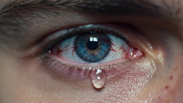 close up bloodshot eye with falling tear