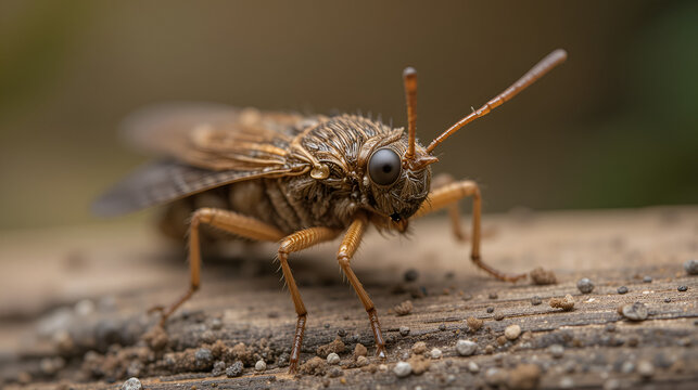 Closeup on a brown European caddisfly species, Limnephilus auricula sitting on wood
