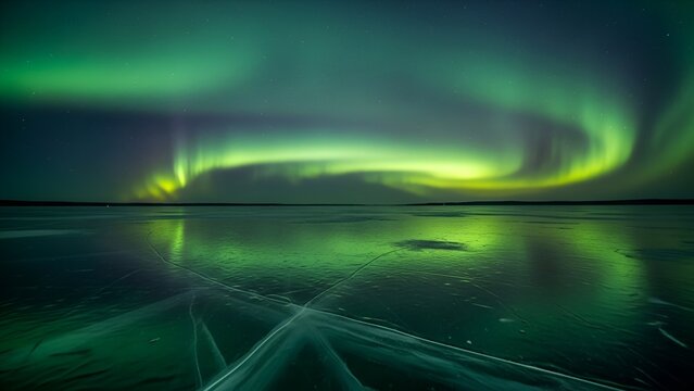 Vibrant green aurora borealis dances above a frozen lake surface, reflecting the celestial light.