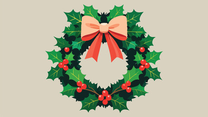 A Christmas wreath adorned with a beautifully tied bow and lush green holly leaves with bright red berries