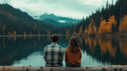Obraz premium Serene Lakeside Retreat Couple Sitting on a Log Enjoying a Quiet Moment by the Tranquil Autumn Hued Lake Surrounded by Majestic Forest and Mountains