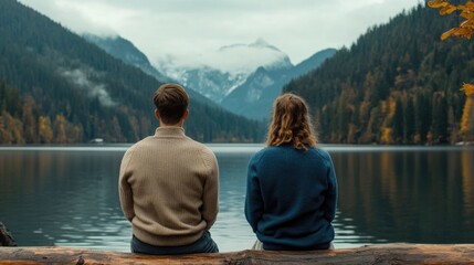 Peaceful Moment by the Lake A couple sits quietly on a log taking in the serene beauty of the autumn landscape and its reflection in the calm waters of the lake