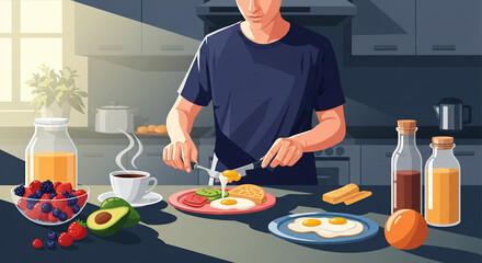 Man Preparing a Healthy Breakfast with Eggs, Berries, Avocado, and Coffee