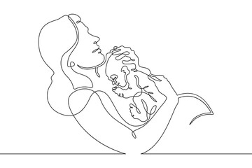 Continuous one line drawing  A woman in labor with a newborn. Childbirth. A woman gives birth. Pregnancy.Line art.One continuous line isolated illustration.Not AI.