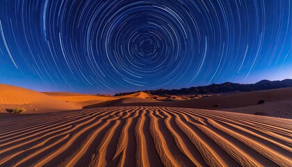 Star Trails Over Sandy Desert Landscape at Night with Clear Sky in Blue Hour, Circular Patterns, and Warm Sunset Light