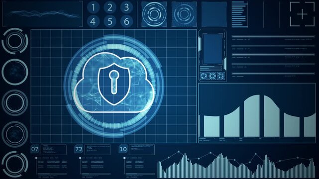 Futuristic Cloud Security System Interface with Lock Icon and Data Dashboard on Digital Grid Background. Animation 4K, 3D Rendering