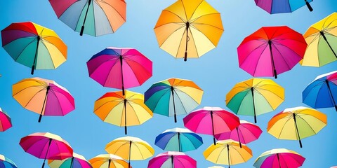 A kaleidoscope of vibrant, flying umbrellas against a clear blue sky,   day,  dynamic
