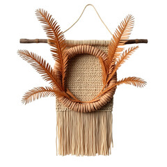 Displaying an ornate textile wall hanging with a central circular design, incorporating stylized brown leaf-like elements on a contrasting black background; the piece exhibits a handmade aesthetic...