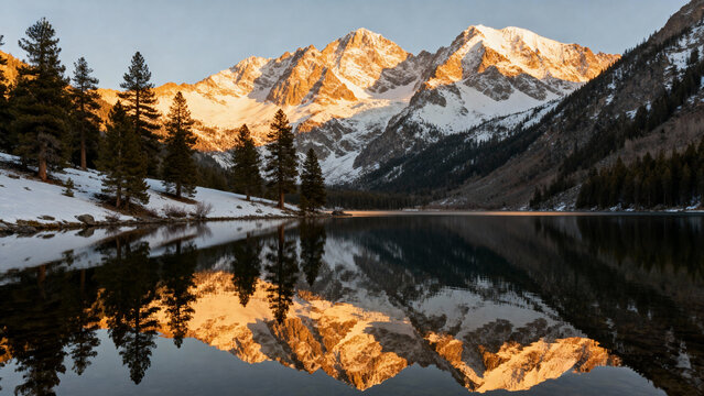 Snowy mountains reflected in a clear alpine lake at golden hour, serene nature scene with pines and soft light.Generated by AI
