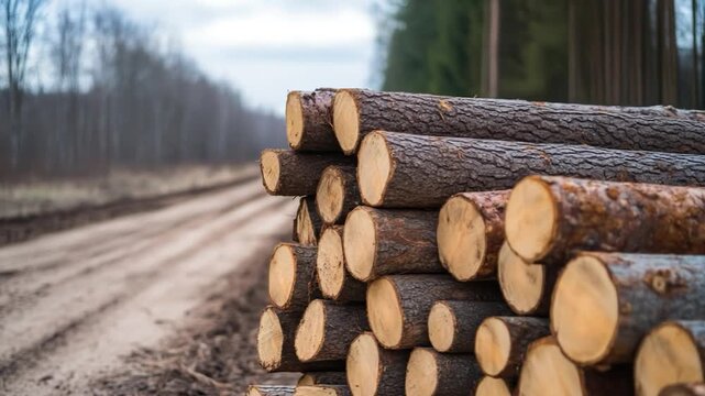 Pile of tree logs by forest road landscape timber industry