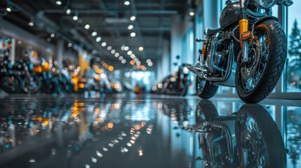 Fototapeta premium A shiny motorcycle is displayed indoors with dramatic lighting and reflections on a polished floor, surrounded by other bikes in a showroom.