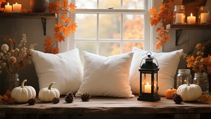 Cozy autumn window seat decorated with pumpkins, candles, and fall foliage