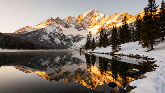 Snowy mountains reflected in a clear alpine lake at golden hour, serene nature scene with pines and soft light.Generated by AI