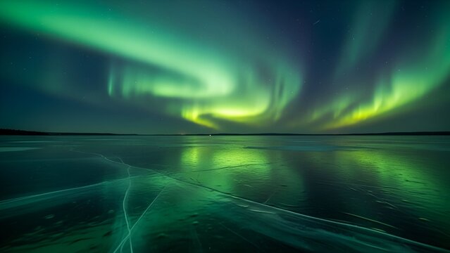 Vivid green and yellow aurora borealis dancing above a frozen lake at night.