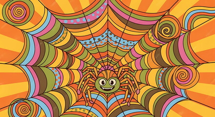 A Whimsical Cartoon Spider on a Colorful Psychedelic Web in a Funky Seventies Retro Style