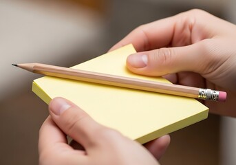 Close-up of hands holding a yellow notepad with a pencil on top