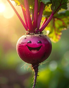 A happy, smiling beetroot in a sunlit garden