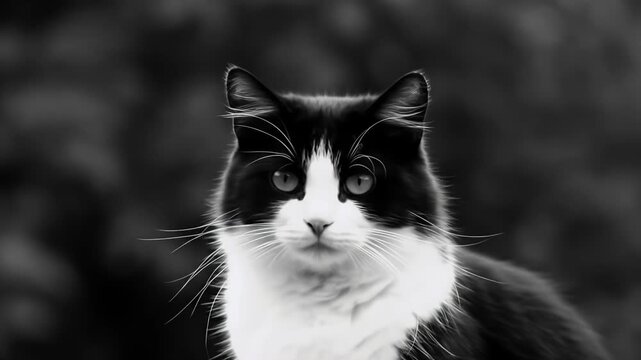 Close up black and white portrait of a domestic cat looking directly at the camera.