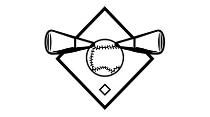 Black and white baseball monogram icon with crossed bats and diamond shape. Clipart image isolated on background.