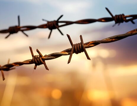 Rusty barbed wire fence at sunset
