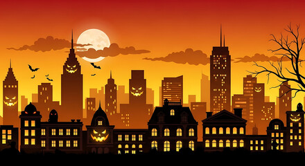 Obraz premium Spooky Halloween night cityscape with haunted buildings and bats flying under a full moon