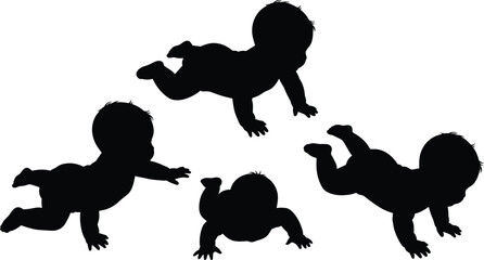 Silhouette vector illustration of crawling baby, infant playing, newborn child movement, toddler activity, childhood growth, early development, isolated black design