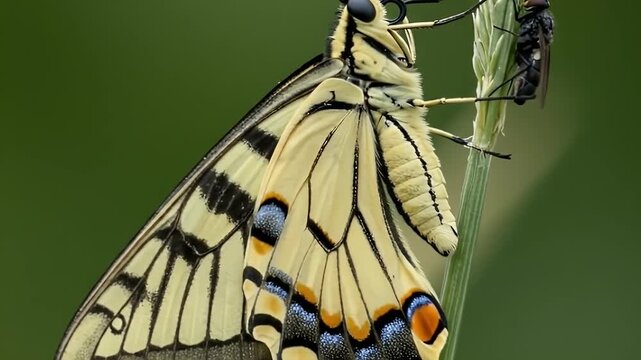 Close up of a beautiful yellow butterfly with black stripes resting on a green leaf.