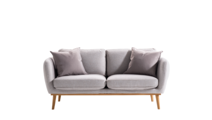 Light gray couch with light gray cushions and light-colored wooden legs