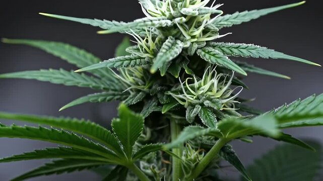 Close up of a blooming cannabis plant with white pistils and green leaves.