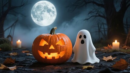 Halloween scene with glowing jack-o'-lantern and ghost figure under a full moon