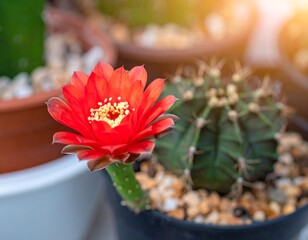 Close Up of Blooming Red Cactus Flower.